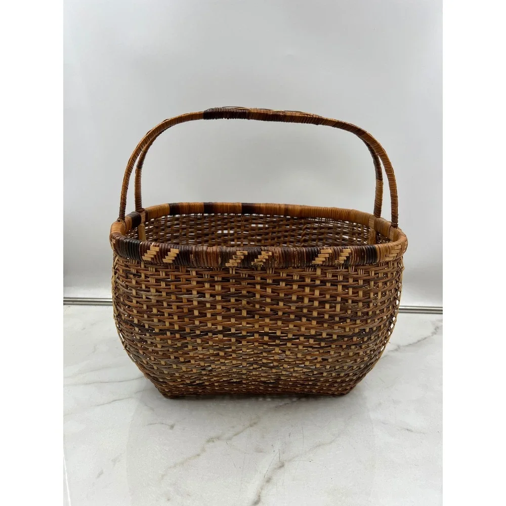 Vintage Handwoven Wicker Basket Rectangular Brown Tan Storage Decor with Handle